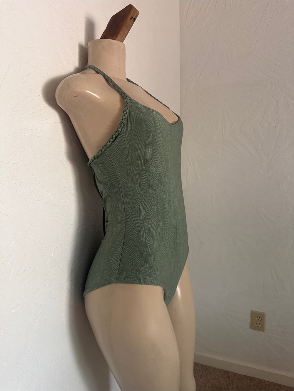 Ruched back Braided-Strap One-Piece Swimsuit in Sage Green Le Soleil M EUC